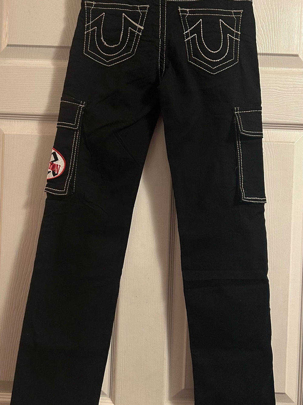 True Religion Black Straight Cargo Jeans with White Contrast Stitching